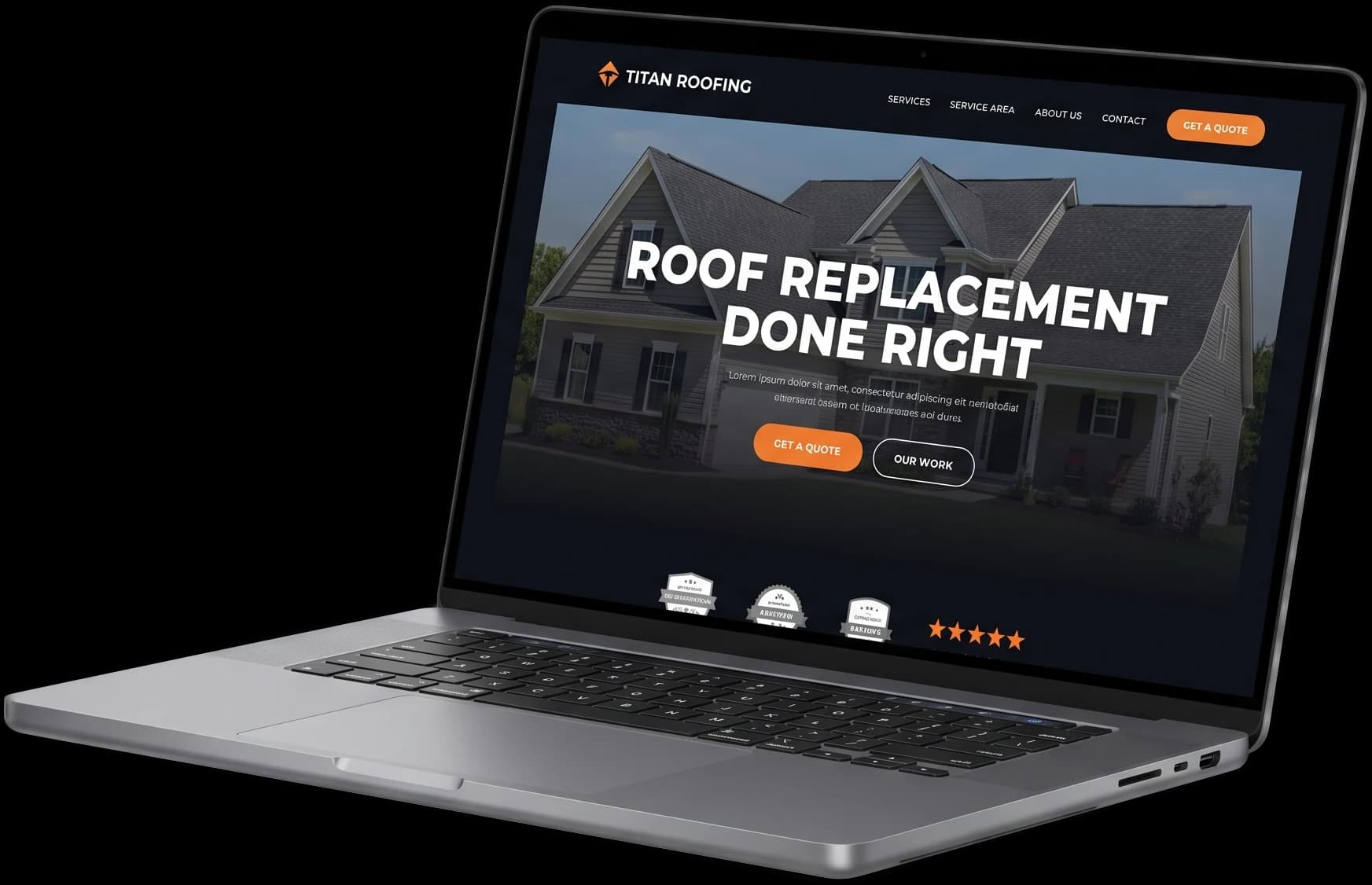 A finished roofing website on a laptop