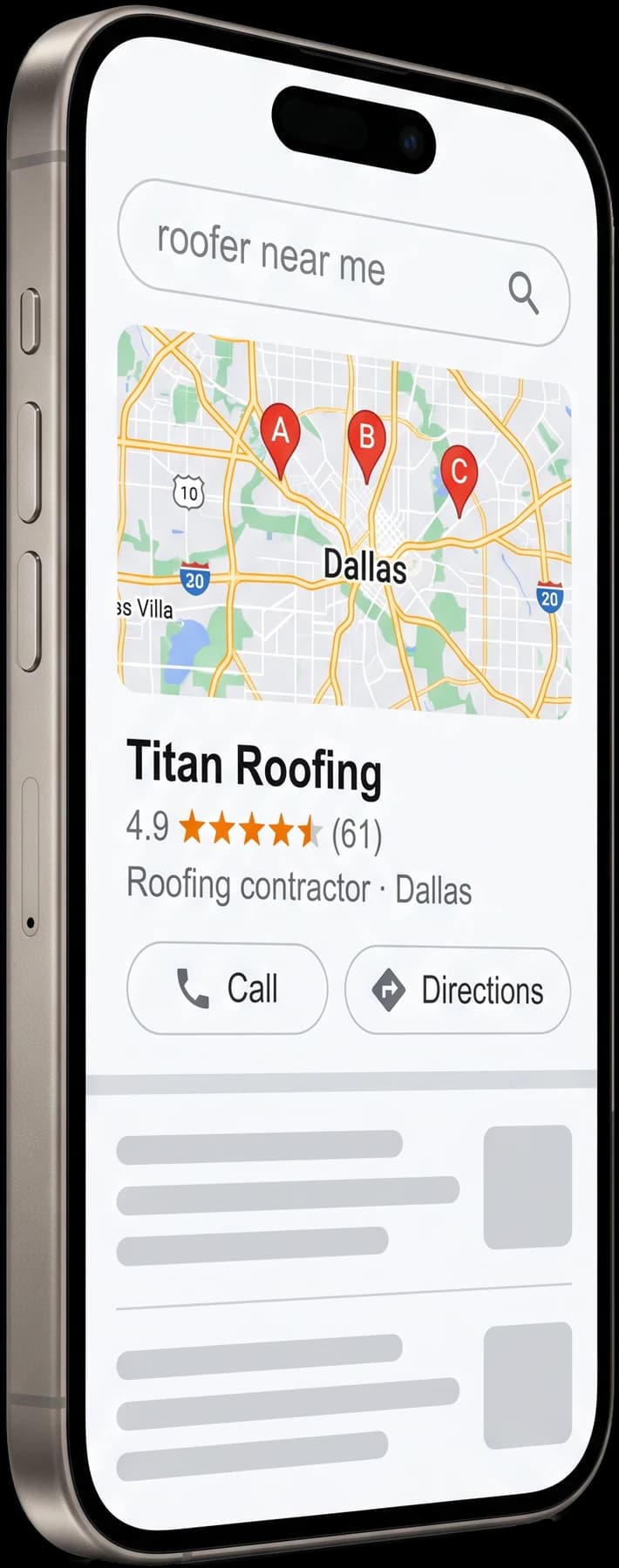 A phone showing a roofing company in Google's local results