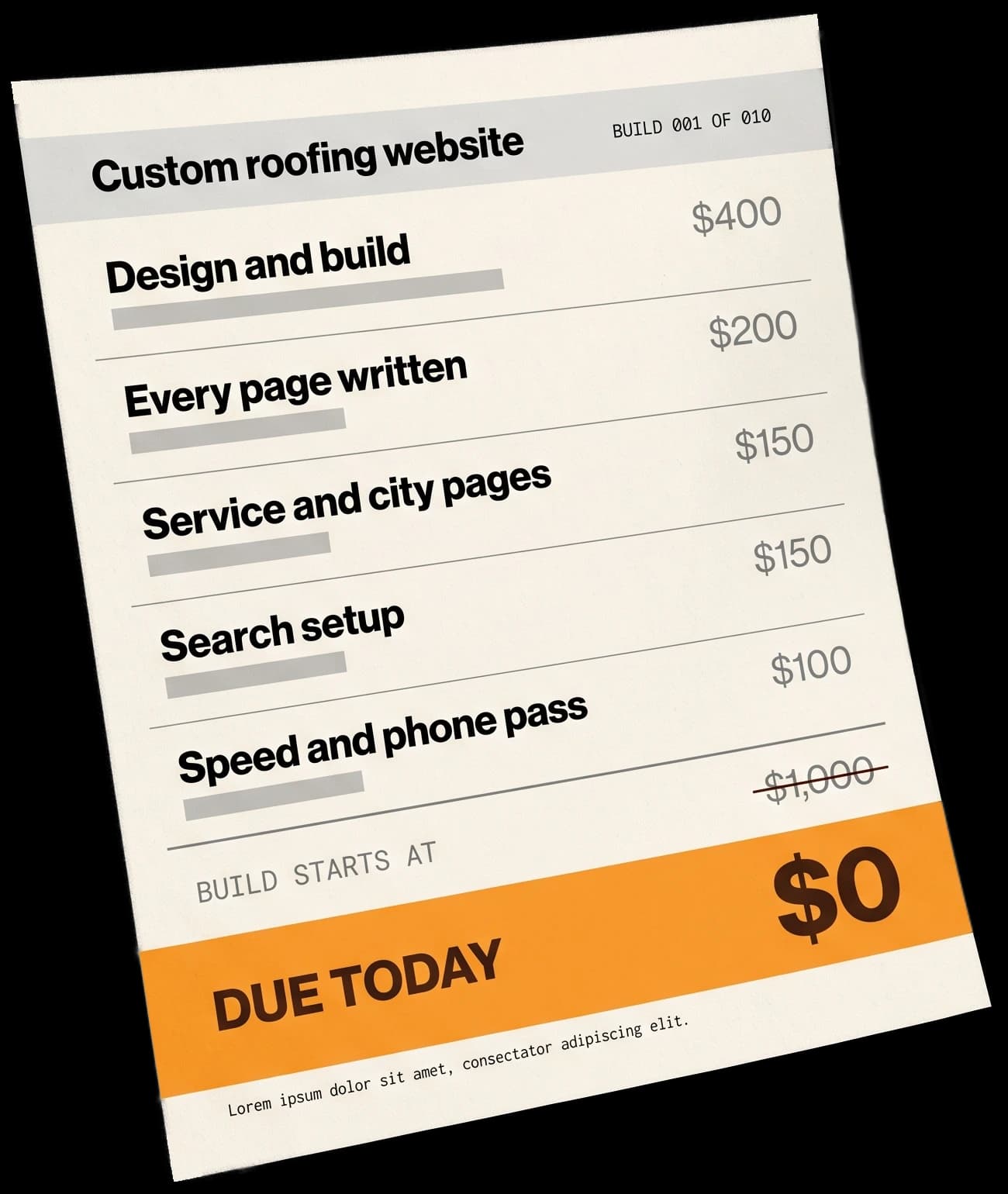 Quote for a custom roofing website. Design and build $400, every page written $200, service and city pages $150, search setup $150, speed and phone pass $100. Build starts at $1,000, crossed out. Due today: $0.