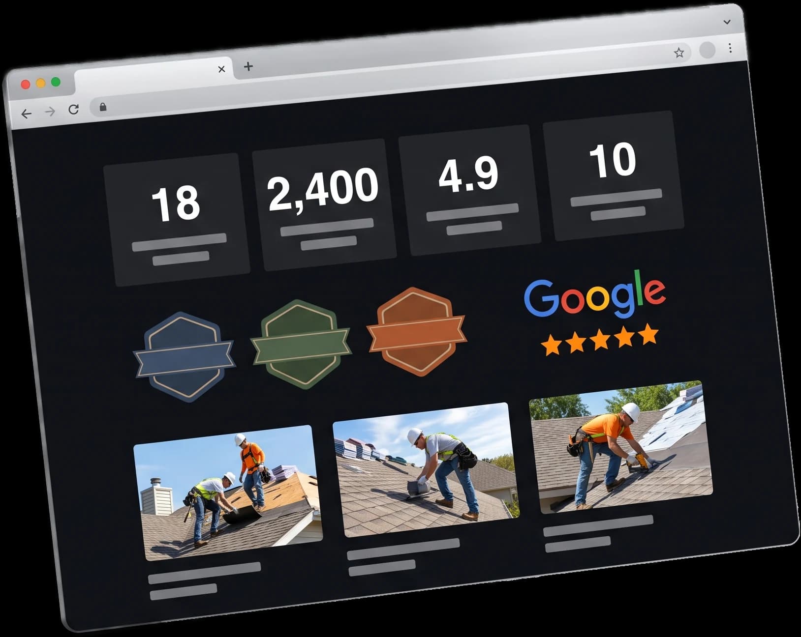 A roofing website showing years in business, rating, certifications and crew