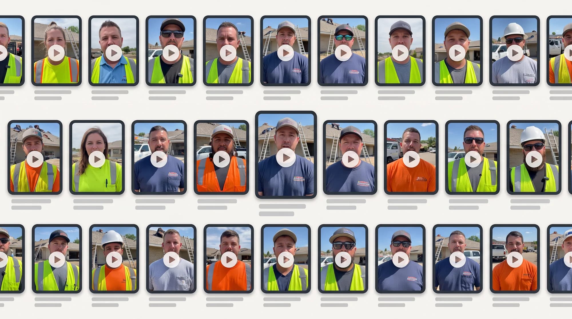 Rows of short phone-filmed clips of roofing contractors talking straight to camera